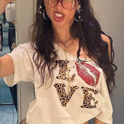 Street Style Leopard Letter Print V Neck Sexy Crop Top T-shirt